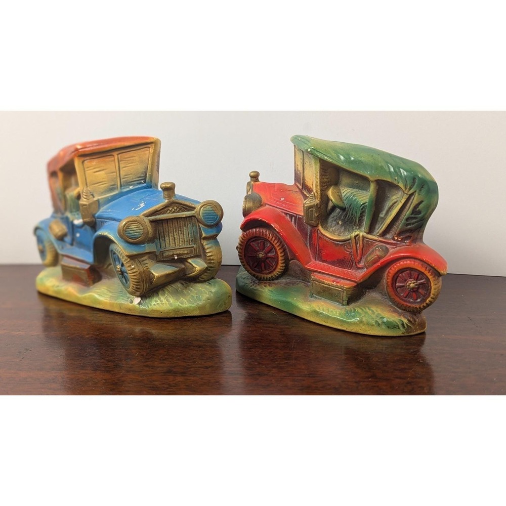 Vintage Antique Car Coin Banks Wall Hanging Tabletop Red Blue Pair Resin 7 Inch - Picture 2 of 16